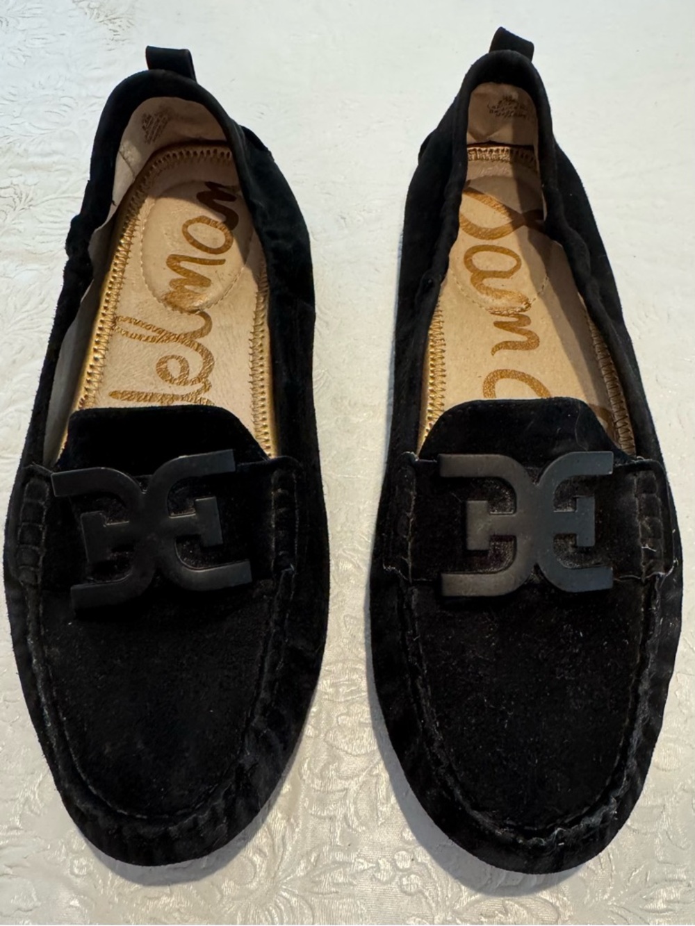 Sam Edelman Black Suede Loafers with Decorative Logo Accent